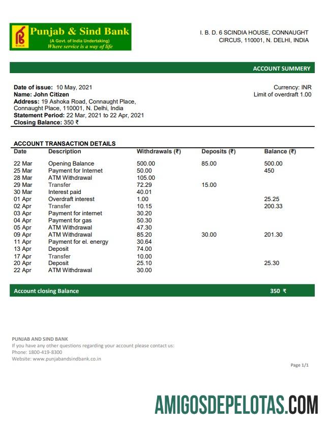 Modelo de extrato bancário da Índia Punjab e Sind